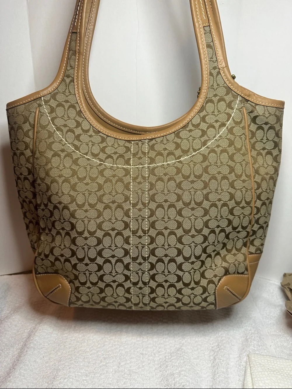 Rare Coach Ergo Khaki Signature mini C’s Canvas Hobo Tote with Caramel Leather - Picture 5 of 13